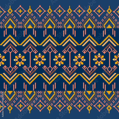 Traditional Ukrainian cross-stitch Detailed vector Illustration for textile printing design, on pixels bule tones