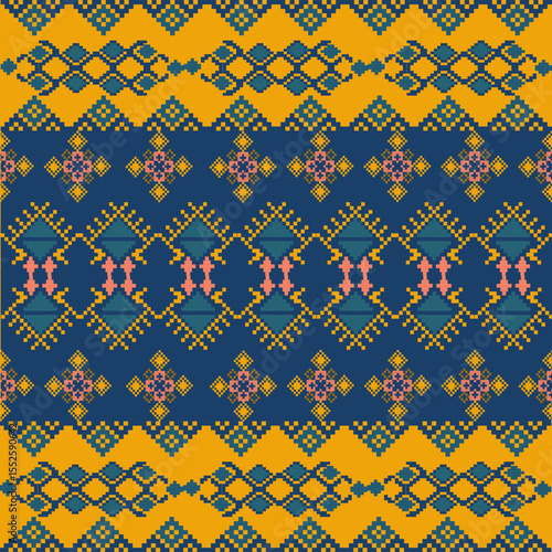 Traditional Ukrainian cross-stitch Detailed vector Illustration for textile printing design, on pixels bule tones