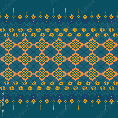 Traditional Ukrainian cross-stitch Detailed vector Illustration for textile printing design, on pixels bule tones