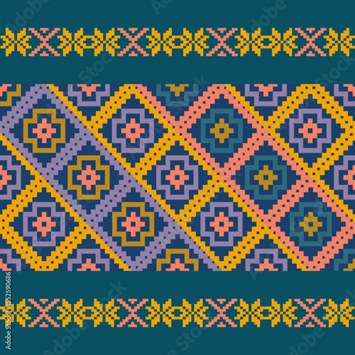 Traditional Ukrainian cross-stitch Detailed vector Illustration for textile printing design, on pixels bule tones