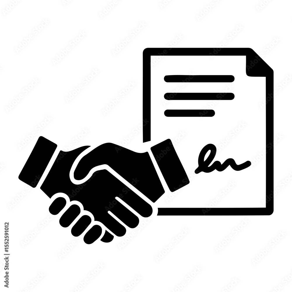 Fototapeta premium Black and white graphic of a handshake in front of a signed document representing an agreement on transparent background