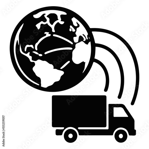 Black and white illustration of a globe with shipping routes and a delivery truck below it on transparent background