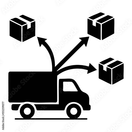 Delivery truck with multiple arrows pointing to boxes indicating distribution network system on transparent background
