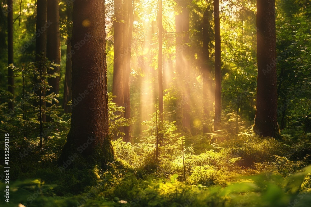 Fototapeta premium Warm forest atmosphere with glowing sunbeams and vibrant green colors, summer magic