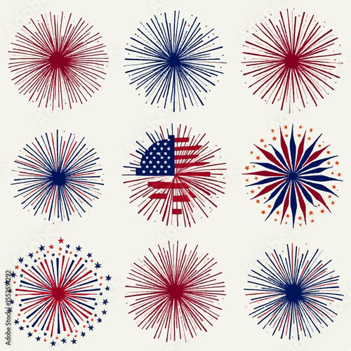 A set of 9 vibrant firework illustrations with stars  and stripes for 4th of July with white background