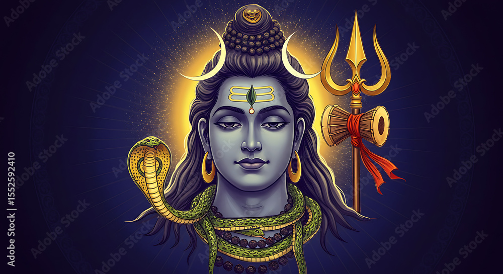 A serene depiction of Lord Shiva, adorned with a serpent and trident, radiating divinity. A serene depiction of Lord Shiva, adorned with a serpent and trident, radiating divinity.