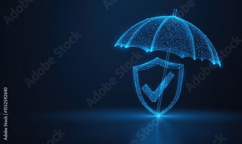 Health insurance policy. Digital illustration of a protective umbrella with a shield and checkmark, symbolizing security and assurance.