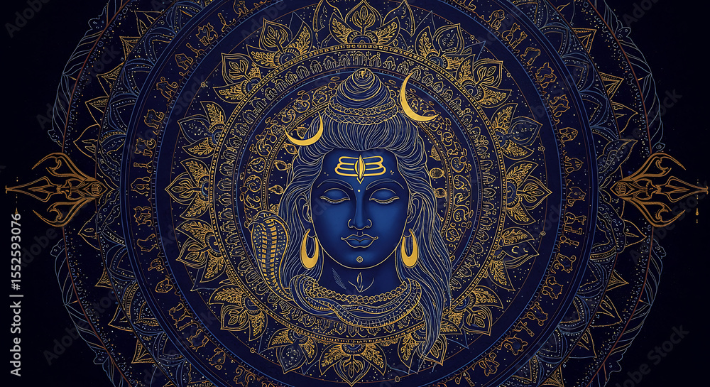 Intricate illustration of a deity's face within a complex, ornate mandala design. Intricate illustration of a deity's face within a complex, ornate mandala design.
