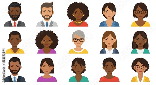 A vibrant collection of fifteen cartoon avatars depicting diverse men and women in business or professional attire, showcasing a range of ethnicities and hairstyles.