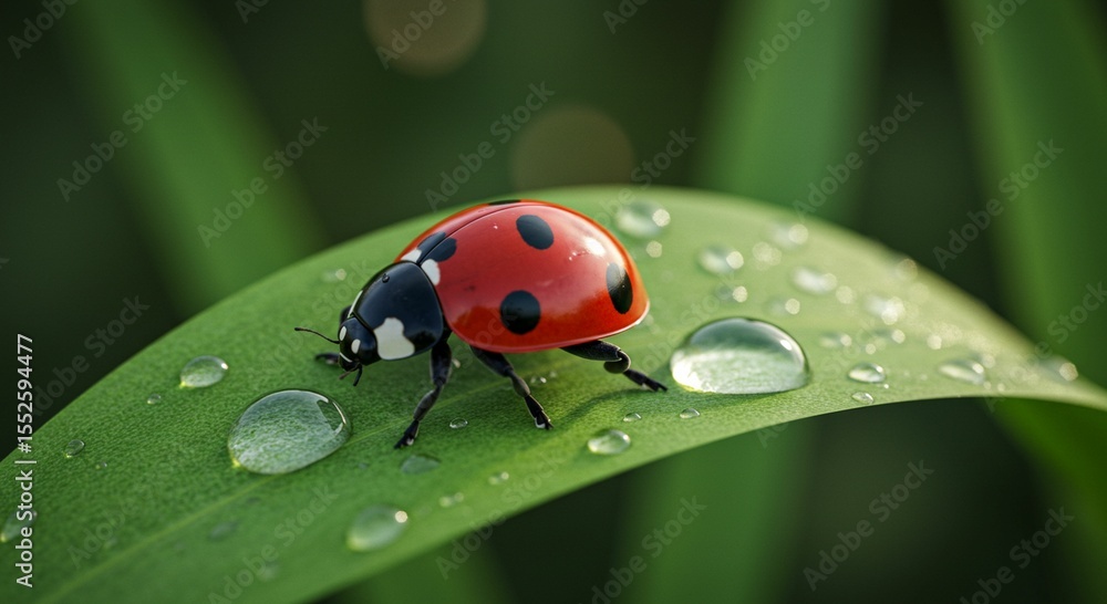 Fototapeta premium Ladybug on dewy leaf