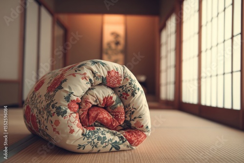 Comfortable futon in a traditional Japanese room with shoji screens and serene atmosphere