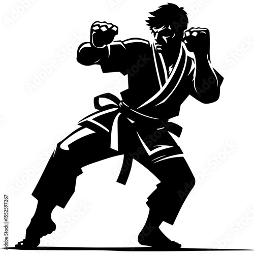 Tattoo emblem of brutal dark martial arts fighter in monochrome. Engraving minimalistic vector in black ink drawing on transparent background