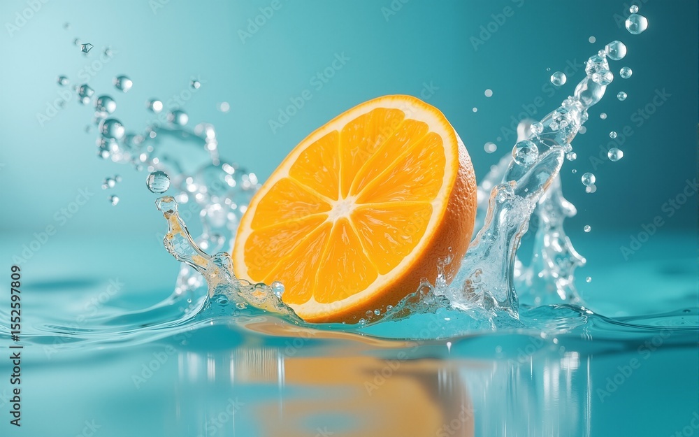 A vibrant, juicy orange slice captured in mid-air as it splashes into a pool of clear water. The bright orange color of the fruit contrasts with the clear water, creating a visually striking and A vibrant, juicy orange slice captured in mid-air as it splashes into a pool of clear water. The bright orange color of the fruit contrasts with the clear water, creating a visually striking and