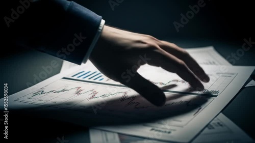 Businessman Analyzing Financial Charts in Dark Office