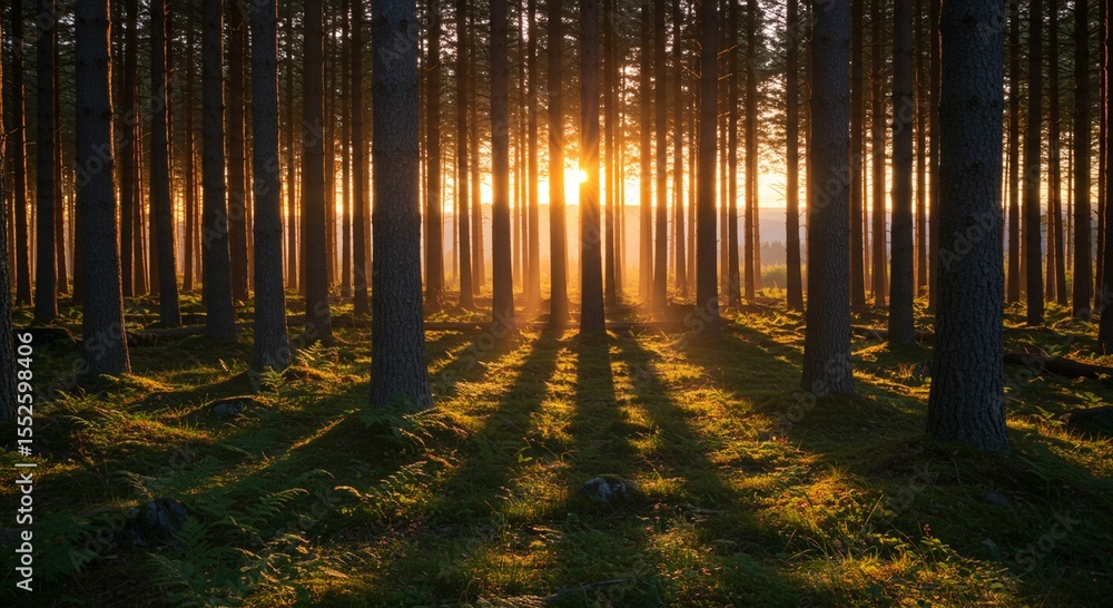 Naklejka premium Golden sunlight in coniferous forest