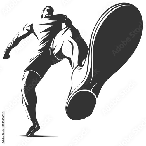 Striking black  graphic illustration featuring a large foot and leg stepping forward, creating a sense of powerful movement and perspective. 
