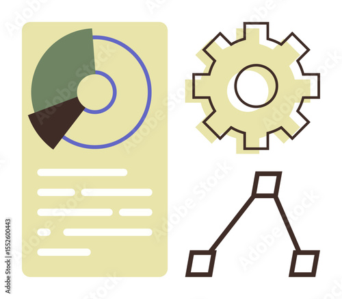 Pie chart, gear, and workflow diagram symbolize data analysis, process engineering, structure, and automation. Ideal for statistics, workflow, technology optimization innovation business strategy