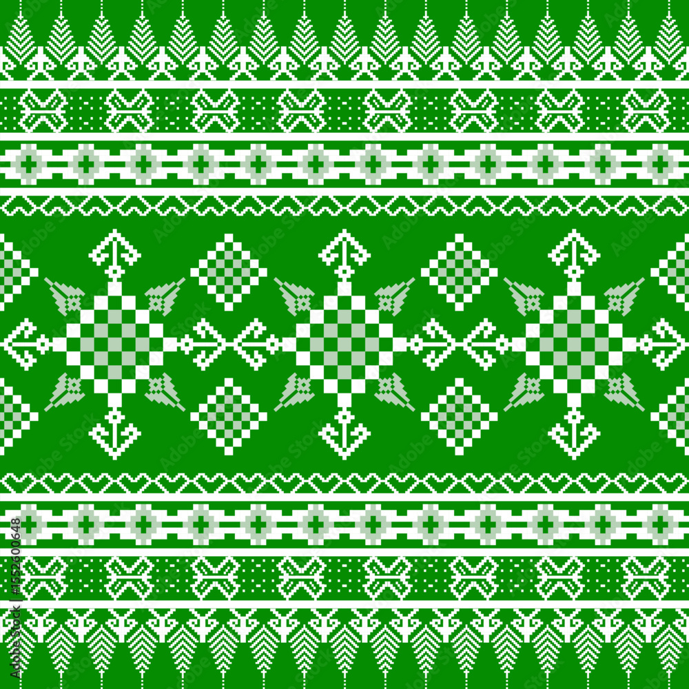 Fototapeta premium White cross-stitch ethnic seamless pattern on a green background. Pixel pattern. Tribal ornament. Folk motif. Ukrainian embroidery. Ideas for carpet, rug, wall tapestry, table runner, elaborate border