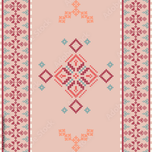 Cross-stitch ethnic boho seamless pattern in a red color theme. Tribal pattern. Folk motif. Textiles rapport. Vector folk embroidery geometric shape seamless pattern. Ideas for carpet and rugs.
