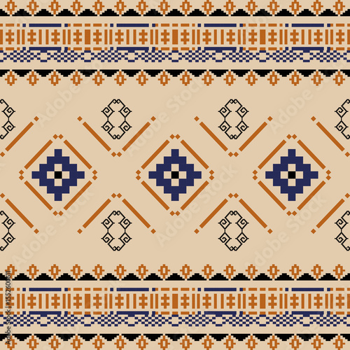 Cross-stitch ethnic boho seamless pattern. Tribal pattern. Folk motif. Vector folk embroidery geometric shape pattern. Ideas for carpet, wall tapestry, table runner, and cushions.