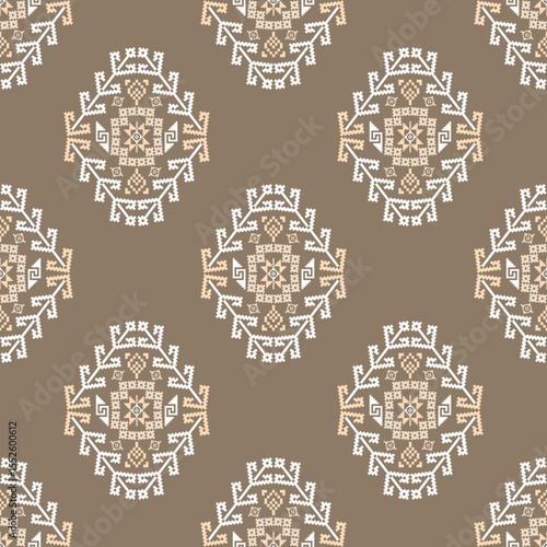 Brown cross-stitch ethnic boho seamless pattern. Traditional ornament. Tribal pattern. Folk motif. Ideas for wallpaper, textiles, wrapping, and web page backgrounds. Pixel pattern.