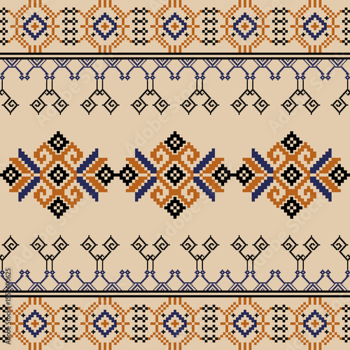 Orange and blue cross-stitch ethnic boho seamless pattern. Tribal pattern. Folk motif. Textiles rapport. Vector folk embroidery geometric shape seamless pattern. Ideas for carpet, rug, wall tapestry.