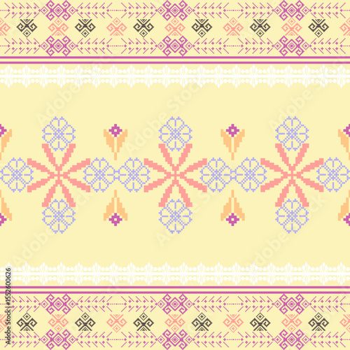 Cross-stitch ethnic boho seamless pattern on a yellow background. Tribal pattern. Folk motif. Vector folk embroidery geometric shape seamless pattern. Ideas for carpet, rug, and wall tapestry.