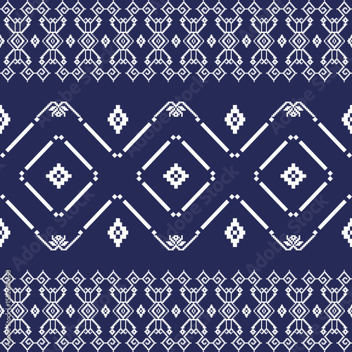 White and blue cross-stitch ethnic boho seamless pattern. Tribal pattern. Vector embroidery geometric shape. Use for wall tapestry, table runners, elaborate borders, and cushions. 