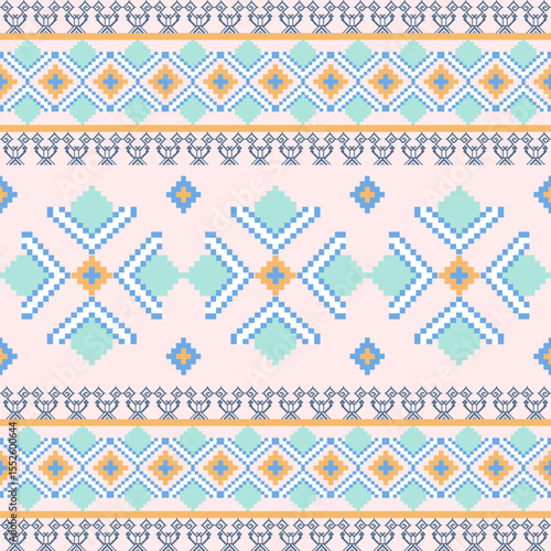 Ukrainian folk embroidery. Seamless vector pattern. Green cross-stitch pattern on a pink background. Pixel pattern. Ideas for carpet, rug, wall tapestry, table runner, cushion, and upholstery.
