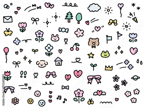 手書きの飾りイラストのベクターイラストセット。手描き、リボン、花、落書き、ハート、星