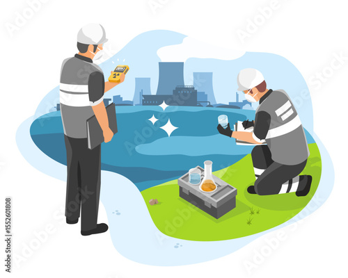 Environmental inspectors monitoring water quality and radiation levels near a nuclear power plant to ensure public safety and ecological protection