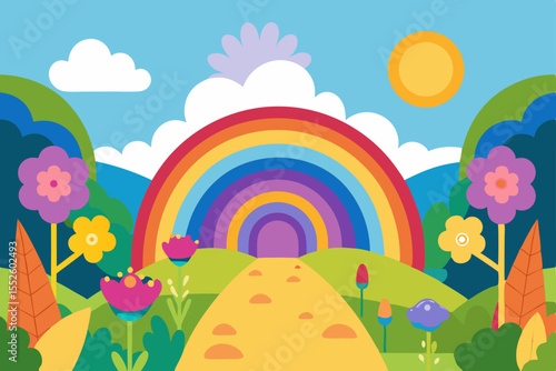 A charming illustration of a magical rainbow vector landscape background wallpaper