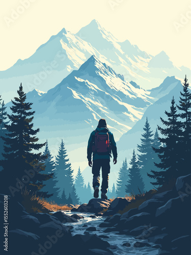 Hiker exploring mountains with double exposure effect and scenic landscape