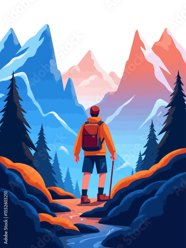 Hiker exploring mountains with double exposure effect and scenic landscape