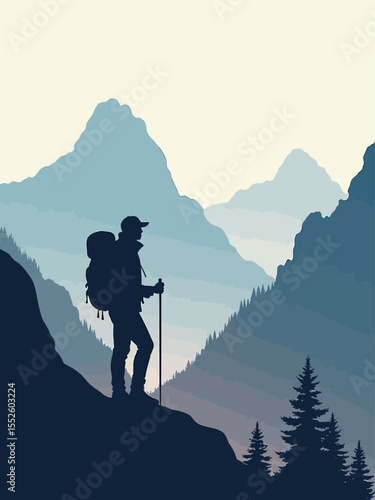 Hiker exploring mountains with double exposure effect and scenic landscape