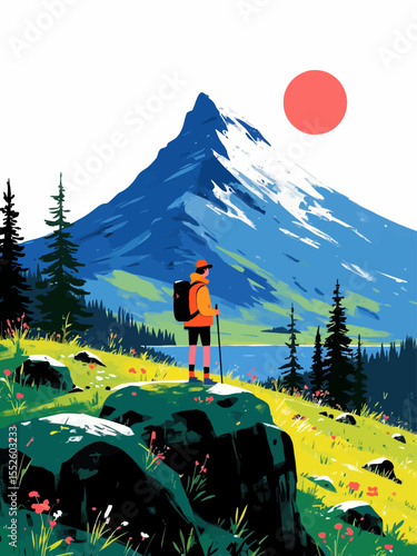 Hiker exploring mountains with double exposure effect and scenic landscape
