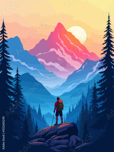 Hiker exploring mountains with double exposure effect and scenic landscape
