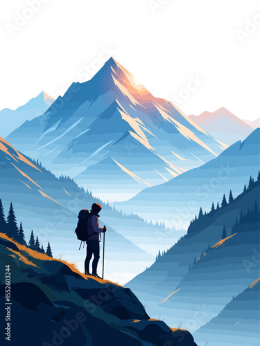 Hiker exploring mountains with double exposure effect and scenic landscape