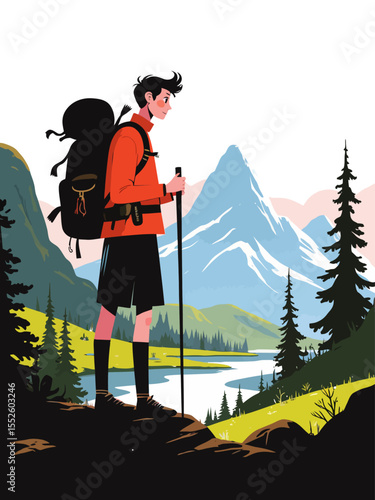 Hiker exploring mountains with double exposure effect and scenic landscape