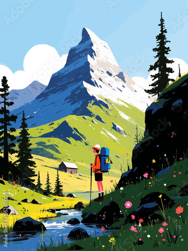 Hiker exploring mountains with double exposure effect and scenic landscape