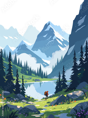 Hiker exploring mountains with double exposure effect and scenic landscape