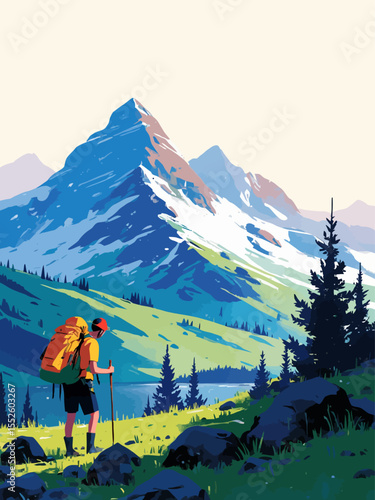 Hiker exploring mountains with double exposure effect and scenic landscape