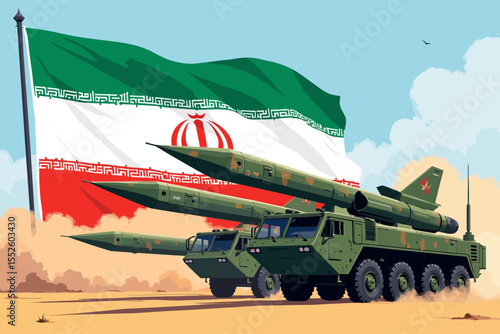  Iran's Military Might Missiles Displayed Against Iranian Flag Background for Defense and International Relation