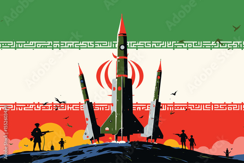 Iran's Military Might Missiles Displayed Against Iranian Flag Background for Defense and International Relation