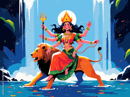 Majestic Hindu Goddess Durga with Lion, Waterfall, Divine, Spirituality, Religion Art vector illustration