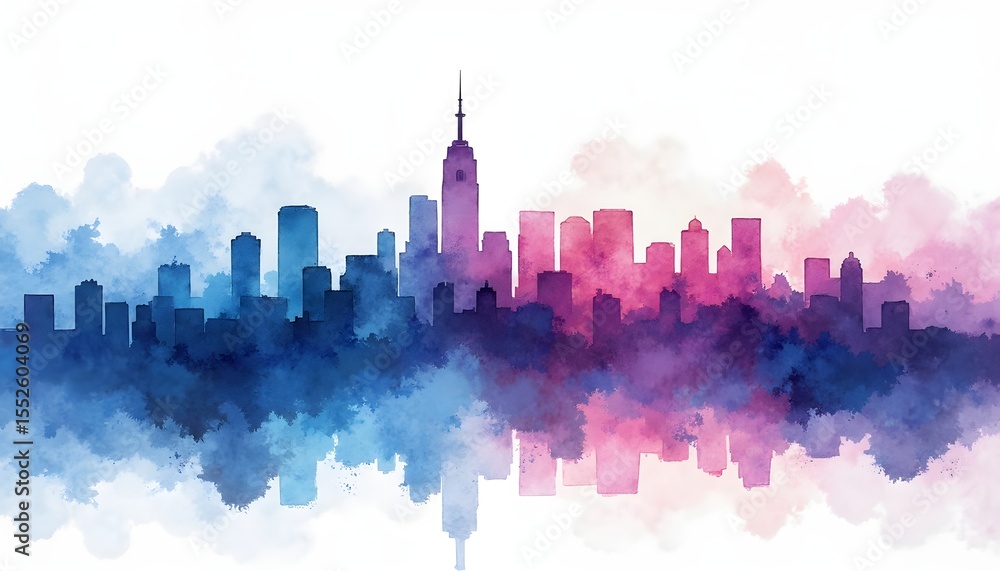 Obraz premium A watercolor skyline of a city with a blend of blue and pink hues