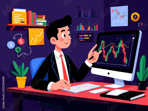 Stockbroker analyzing buy and sell financial trading charts on computer screen