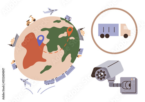 Planet with shipping routes marked by GPS pins, surrounded by transport vehicles. Freight truck in bubble, surveillance camera highlighting logistics safety. Ideal for logistics, shipping