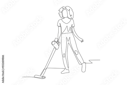 Woman cleaning house with vacuum cleaner. Everyday activities at home concept one-line drawing