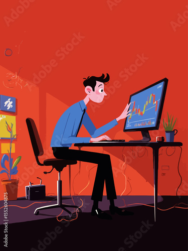Stockbroker analyzing buy and sell financial trading charts on computer screen